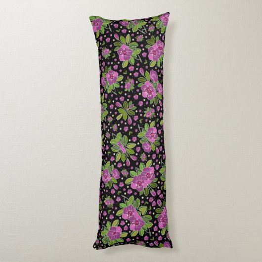 Floral Pattern Lilac Pink Green Black Lichaamskussen (Achterkant (Verticaal))