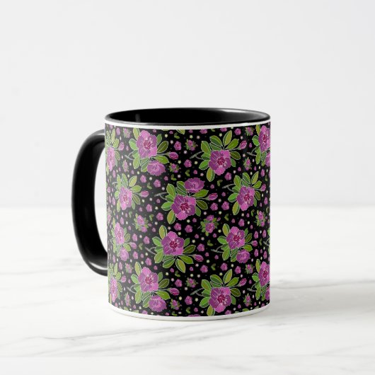 Floral Pattern Lilac Pink Green Black Mok (Voorkant links)