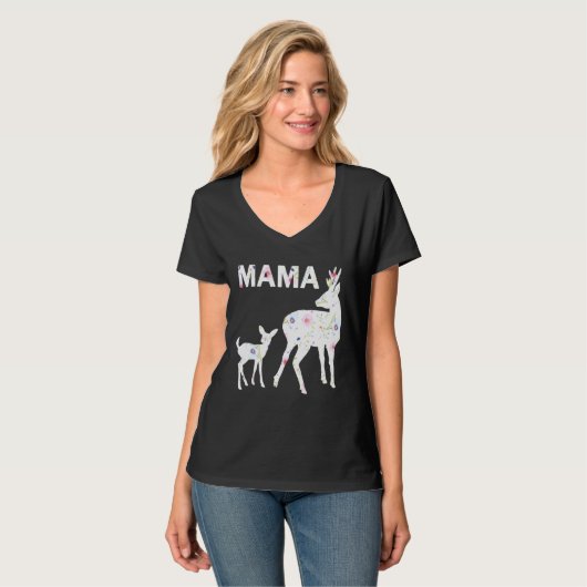 Floral Pattern Mama Fawn Doe met schoppen moeders T-shirt (Voorkant volledig)