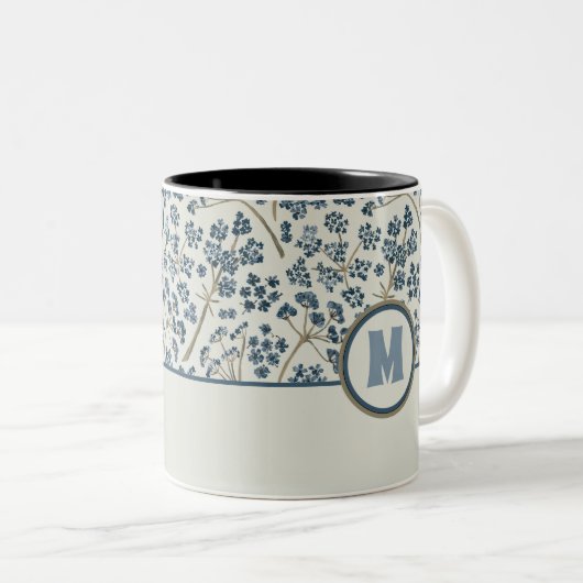 Floral Pattern Monogram Blue Waterverf Caraway Tweekleurige Koffiemok (Voorkant rechts)