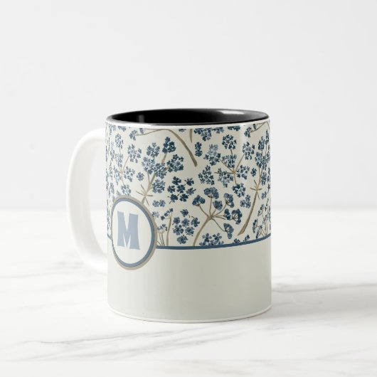 Floral Pattern Monogram Blue Waterverf Caraway Tweekleurige Koffiemok (Voorkant links)