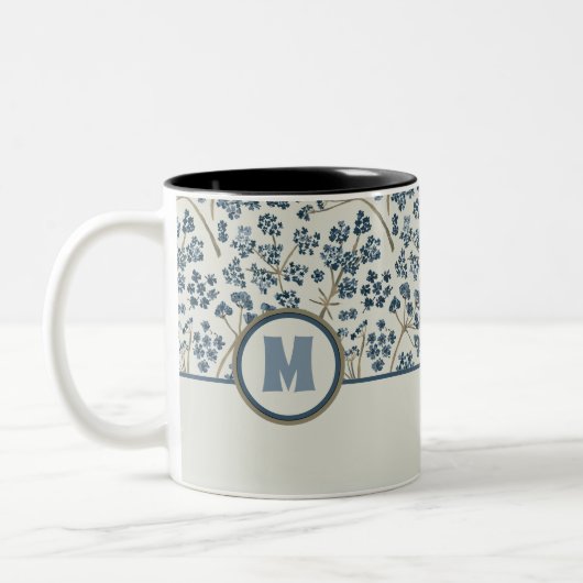 Floral Pattern Monogram Blue Waterverf Caraway Tweekleurige Koffiemok (Links)