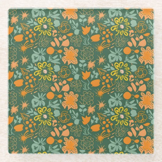 Floral pattern on a dark green background  glazen onderzetter (Voorkant)