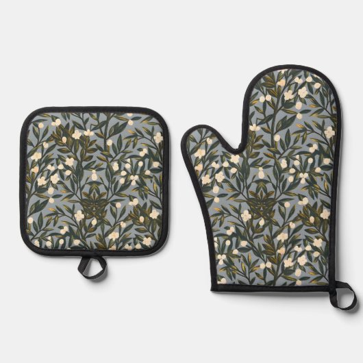 Floral pattern on  dusty blue-gray background ovenwant & pannenlap set (Voorkant)