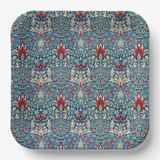 Floral pattern on green leaves blue background papieren bordje (Voorkant)