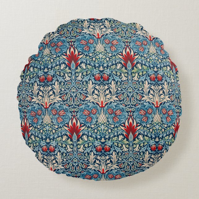 Floral pattern on green leaves blue background rond kussen (Voorkant)