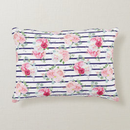 Floral Pattern on Horizontal Stripe Rozen Peony Accent Kussen