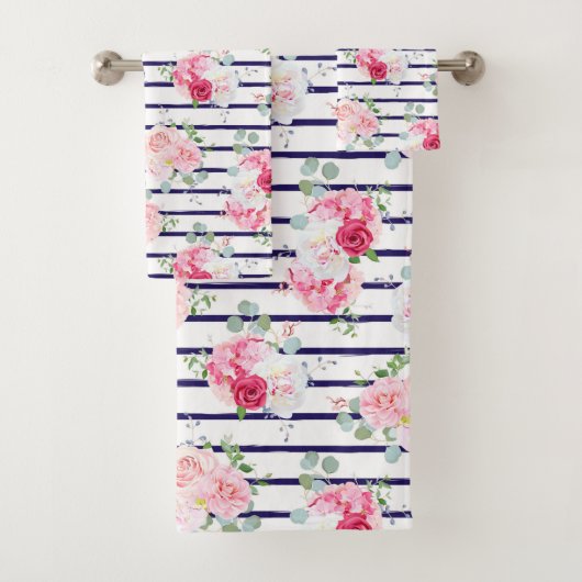 Floral Pattern on Horizontal Stripe Rozen Peony Bad Handdoek (Insitu)