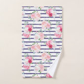 Floral Pattern on Horizontal Stripe Rozen Peony Bad Handdoek (Handdoek)