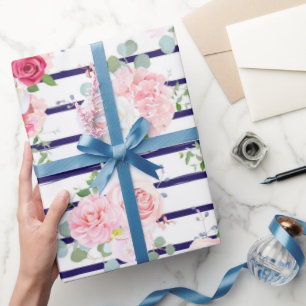 Floral Pattern on Horizontal Stripe Rozen Peony Cadeaupapier