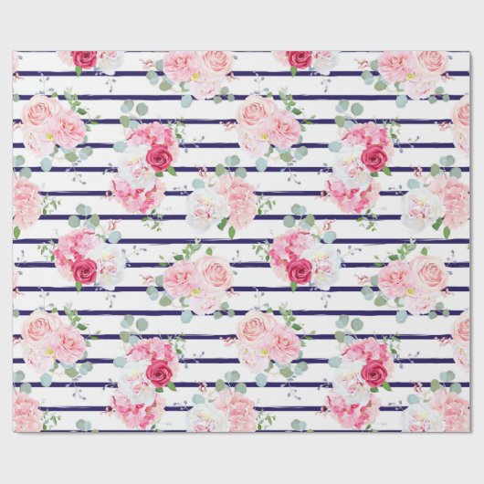 Floral Pattern on Horizontal Stripe Rozen Peony Cadeaupapier (Vlak)