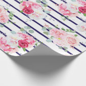 Floral Pattern on Horizontal Stripe Rozen Peony Cadeaupapier (Hoek)