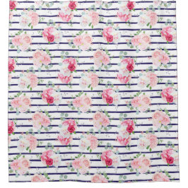 Floral Pattern on Horizontal Stripe Rozen Peony Douchegordijn
