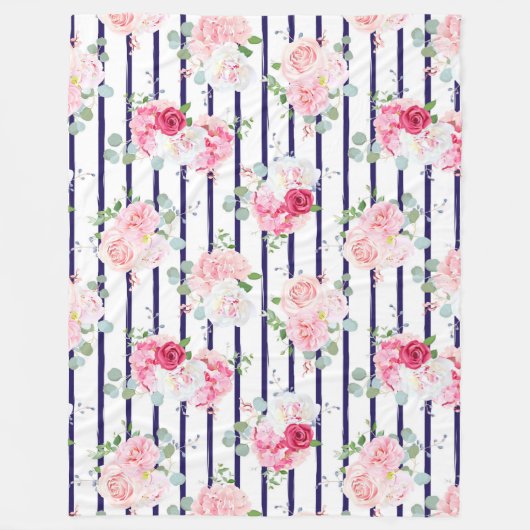 Floral Pattern on Horizontal Stripe Rozen Peony Fleece Deken (Voorkant)