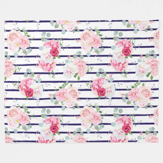 Floral Pattern on Horizontal Stripe Rozen Peony Fleece Deken (Voorkant (Horizontaal))
