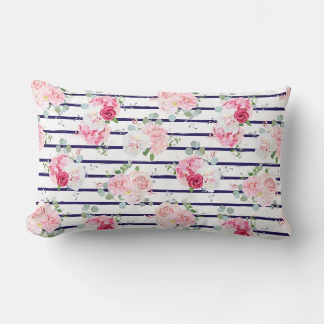 Floral Pattern on Horizontal Stripe Rozen Peony Kussen (Voorkant)