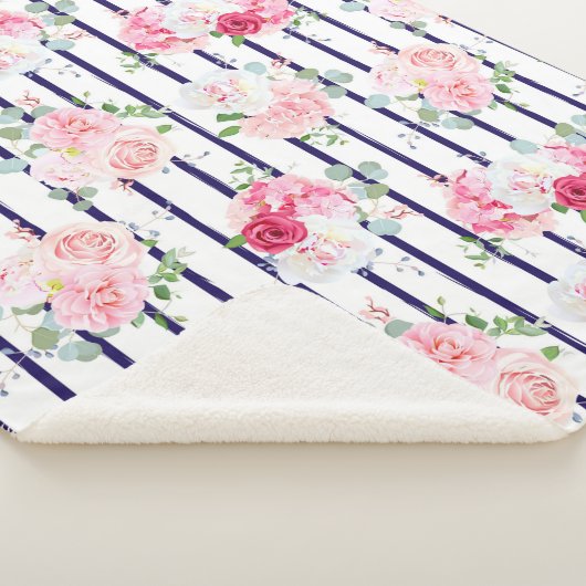Floral Pattern on Horizontal Stripe Rozen Peony Sherpa Deken (3/4)