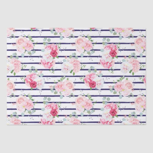 Floral Pattern on Horizontal Stripe Rozen Peony Tissuepapier (Voorkant)
