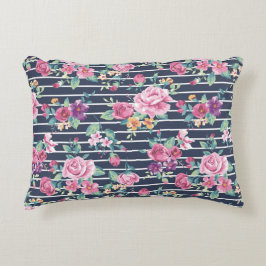 Floral Pattern on Stripe Rozen Foliage Pink Paars Accent Kussen