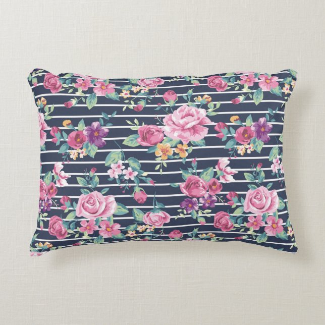 Floral Pattern on Stripe Rozen Foliage Pink Paars Accent Kussen (Voorkant)