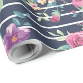 Floral Pattern on Stripe Rozen Foliage Pink Paars Cadeaupapier (Rol Hoek)