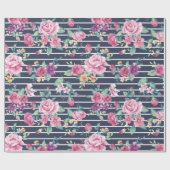 Floral Pattern on Stripe Rozen Foliage Pink Paars Cadeaupapier (Vlak)