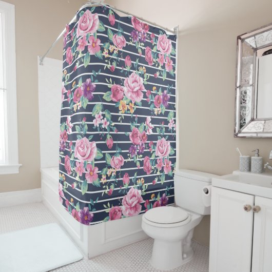 Floral Pattern on Stripe Rozen Foliage Pink Paars Douchegordijn (In situ)