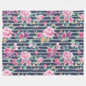 Floral Pattern on Stripe Rozen Foliage Pink Paars Fleece Deken (Voorkant (Horizontaal))
