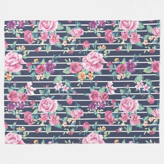 Floral Pattern on Stripe Rozen Foliage Pink Paars Fleece Deken (Voorkant (Horizontaal))