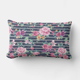 Floral Pattern on Stripe Rozen Foliage Pink Paars Kussen