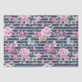 Floral Pattern on Stripe Rozen Foliage Pink Paars Tissuepapier