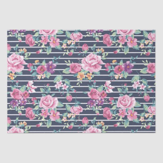 Floral Pattern on Stripe Rozen Foliage Pink Paars Tissuepapier (Voorkant)