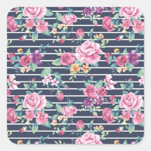 Floral Pattern on Stripe Rozen Foliage Pink Paars Vierkante Sticker