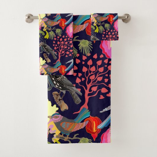 Floral Pattern Paradise Birds and Blooming Trees Bad Handdoek (Insitu)