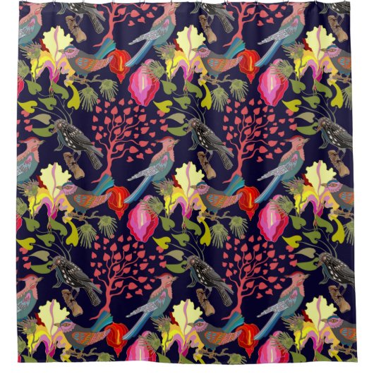 Floral Pattern Paradise Birds and Blooming Trees Douchegordijn (Voorkant)