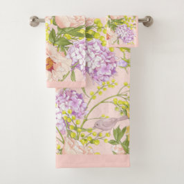 Floral Pattern Peony Mimosa Hydrangea Rozen Birds Bad Handdoek