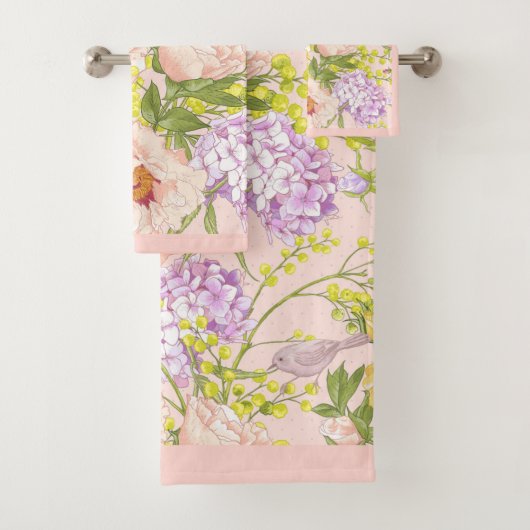 Floral Pattern Peony Mimosa Hydrangea Rozen Birds Bad Handdoek (Insitu)