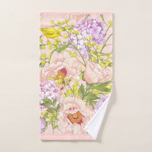 Floral Pattern Peony Mimosa Hydrangea Rozen Birds Bad Handdoek (Handdoek)