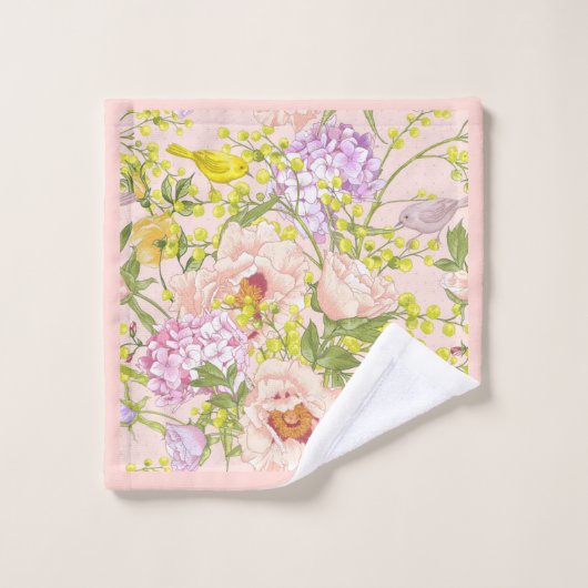 Floral Pattern Peony Mimosa Hydrangea Rozen Birds Bad Handdoek (Wasdoekje)