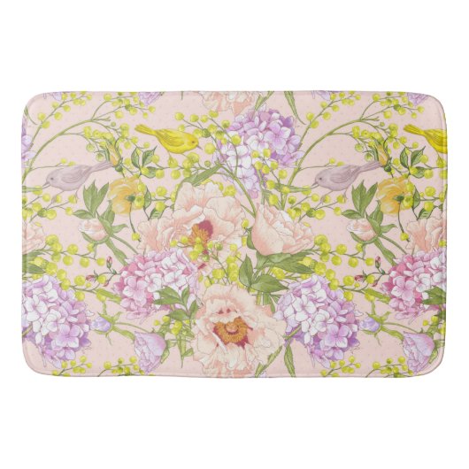 Floral Pattern Peony Mimosa Hydrangea Rozen Birds Badmat (Voorkant)