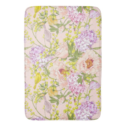 Floral Pattern Peony Mimosa Hydrangea Rozen Birds Badmat (Voorkant Verticaal)