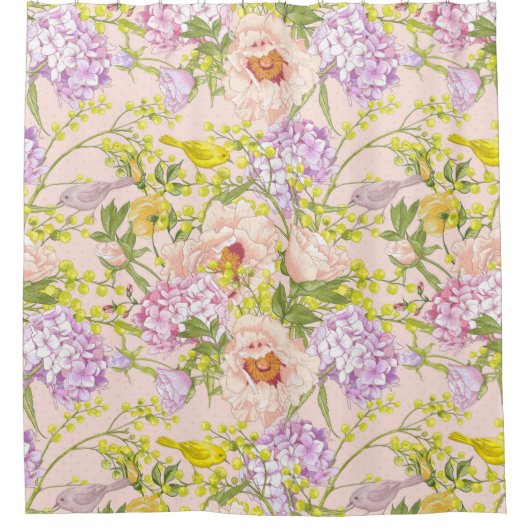 Floral Pattern Peony Mimosa Hydrangea Rozen Birds Douchegordijn (Voorkant)