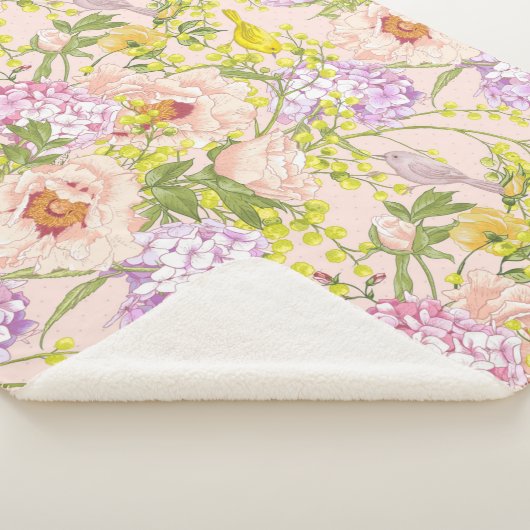 Floral Pattern Peony Mimosa Hydrangea Rozen Birds Sherpa Deken (3/4)
