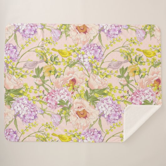 Floral Pattern Peony Mimosa Hydrangea Rozen Birds Sherpa Deken (Voorkant (horizontaal))