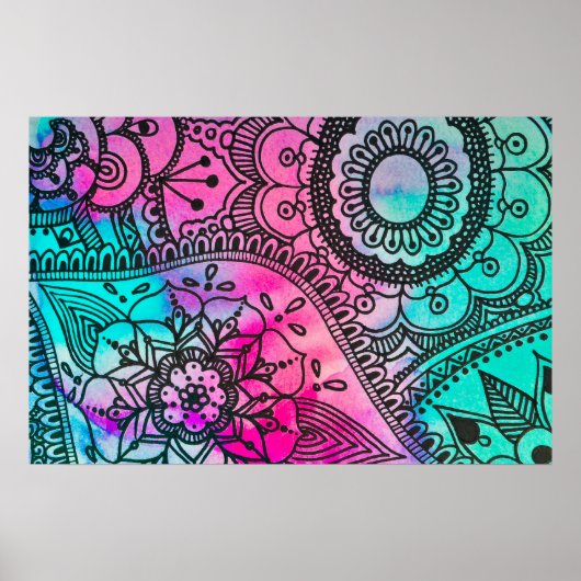 Floral Pattern Pink and Aqua Poster (Voorkant)