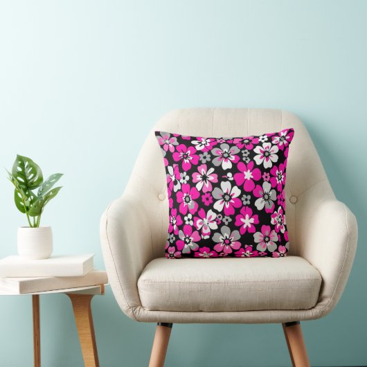 Floral Pattern Pink Grey White Black Cushion Kussen (Stoel)