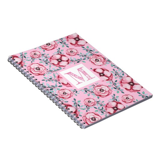  Floral Pattern Pink Monogram Notitieboek (Rechterzijde)