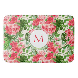 Floral Pattern Red Hibiscus Monogram Bath Mat