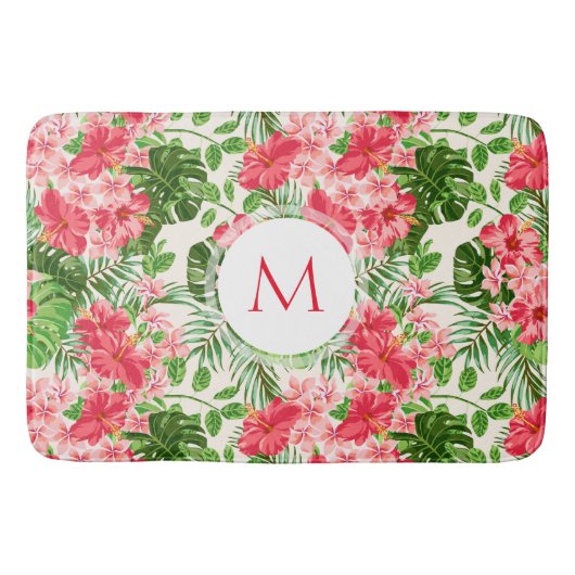 Floral Pattern Red Hibiscus Monogram Bath Mat (Voorkant)