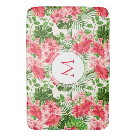Floral Pattern Red Hibiscus Monogram Bath Mat (Voorkant Verticaal)